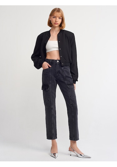 Dilvin Önü Parçalı Kargo Denim Pantolon  Siyah