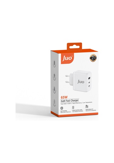 Juo 65W USB-C + USB-A 3 Portlu GaN Şarj Aleti iPhone Notebook Uyumlu PD Type-C Hızlı Şarj Cihazı Beyaz