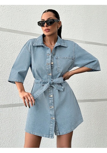 Shevega Kadın Açik Mavi Kuşakli Tek Cep Kısa Kot Elbise Mavi