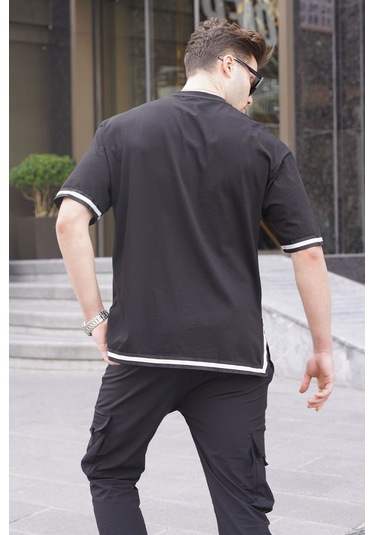 Madmext Siyah Bisiklet Yaka Şeritli Tişört 6097-siyah Siyah