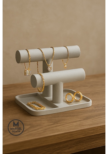 Marsel Dizayn Şık Ve Modern Çok Amaçlı Takı Düzenleyici Stand - Takı Organizeri - Mermer Beyazı - 16 Cm Mermer Beyazı