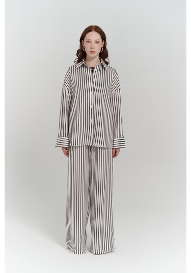 Beatrix Kahve Çizgili Ekru Gömlek Pantolon Takım Kahve