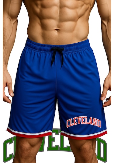 Top Glory Cepli Cleveland Baskılı Basketbol Şortu Spor Şort Mavi