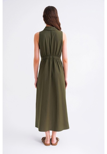 4692 Kadın Gömlek Yakalı Fermuarlı Midi Boy Oxford Elbise Haki Haki