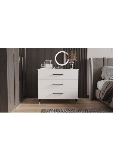 Şifonyer Üç Çekmeceli Aynalı Parlak Beyaz Beyaz