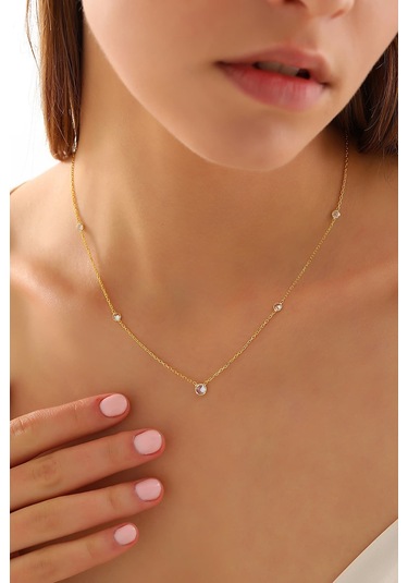 Queen Silver Jewelry 925 Ayar Gümüş Zirkon Taş Forse Zincirli Kolye Altın