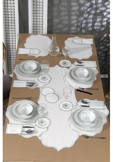 Damla Keten Nakışlı Amerikan Servis Takımı 19 Parça Silver Gümüş