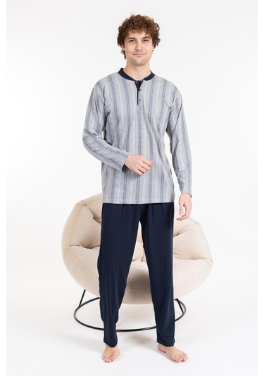 Erkek Penye Pamuk Regular Kalıp Sıfır Yaka Kaliteli Pijama Takımı A803123 Açık Gri