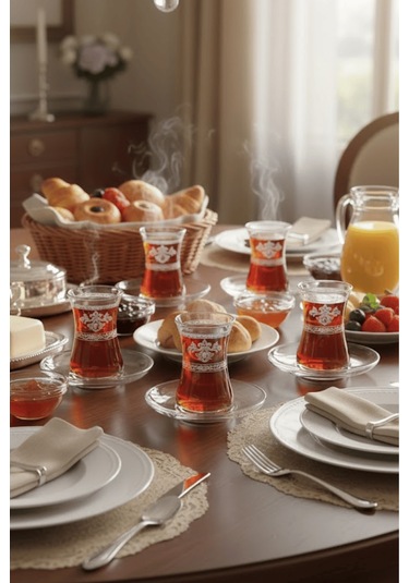 İnsigne Model Desenli Şeffaf Cam Çay Seti 12 Parça Çay Takımı Şeffaf