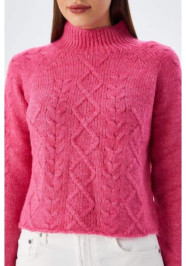 6855 Kadın Dik Yaka Saç Örgülü Triko Kazak Fuşya Fuşya