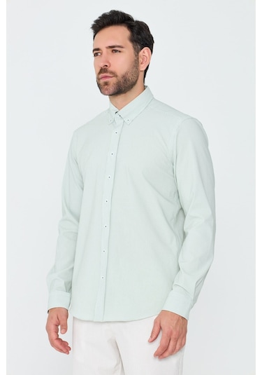 White Stone Açık Yeşil İnce Çizgili Dynamic Fit Uzun Kollu Erkek Gömlek
