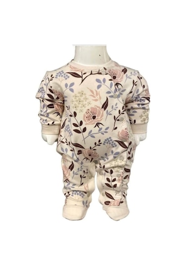 Çicek Desenli Çıtçıtlı Ayaklı Patikli Tulum Krem