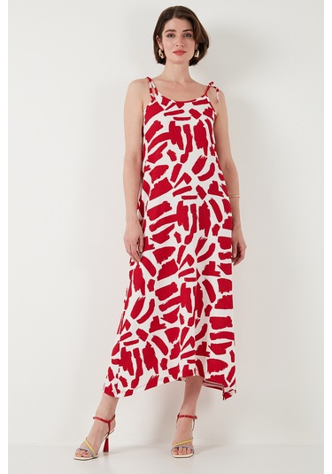 Lela Desenli Midi Boy Oversize Fit Bağlamalı Ip Askılı Bisiklet Yaka Bayan Elbise 5869009 Bordo