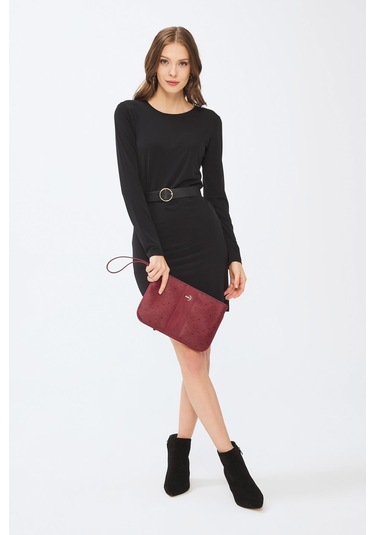 Deri Company Kadın Basic Clutch Çanta Monogram Desenli Şeritli Logolu Bordo 214002 Bordo - Siyah