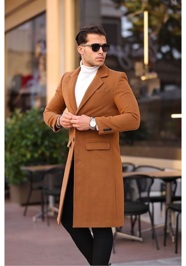 Erkek Kiremit Dar Kesim Uzun Yün Karışımlı Kaşe Kaban KİREMİT