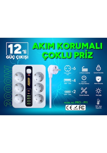 Akım Korumalı 6'lı Grup Priz 4 Usb'li Ve 2 Type-c Li 6'lı Grup Priz 2 M Kablo Çocuk Korumalı 2 M