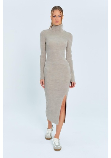 6889 Kadın Balıkçı Yırtmaçlı Uzun Triko Elbise Taş Taş