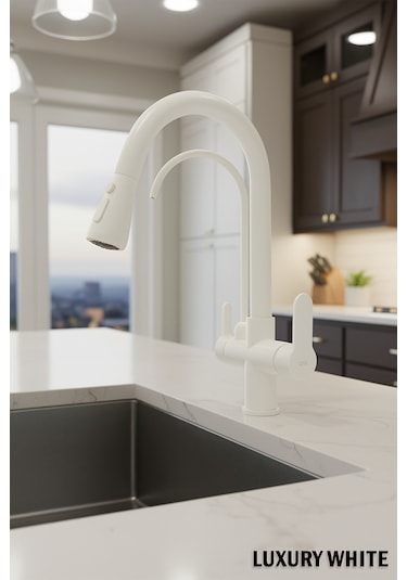 0650 Arıtmalı Spiralli Mutfak Bataryası Siyah Beyaz Krom Gold Renk Beyaz