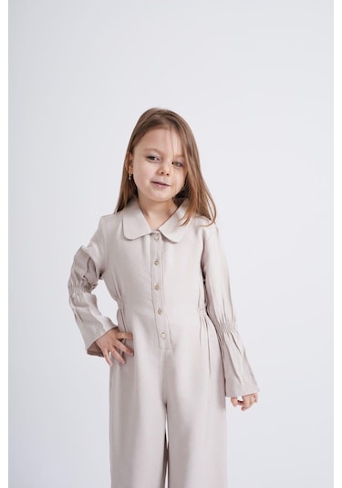 Oliventhekid Bej Lastikli Kız Çocuk Tulum Bej Bej