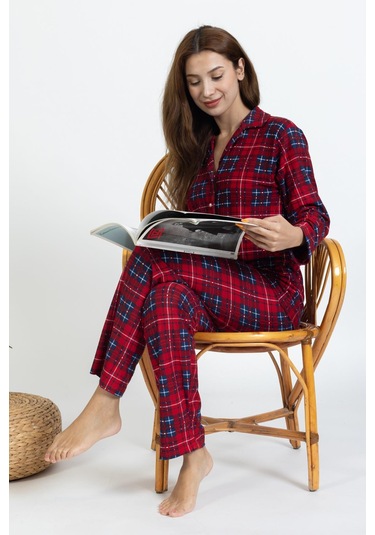 Yeni Sezon Düğmeli Süet Kadın Pijama Takımı 5503-kırmızı Kırmızı