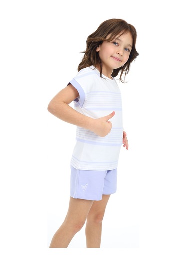 Toontoy Kız Çocuk Çizgili Kalp Nakışlı Şortlu Takım Mavi