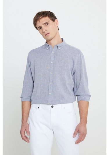Erkek Grı Comfort Fit Rahat Kesim Düğmeli Yaka Keten Gömlek Gri