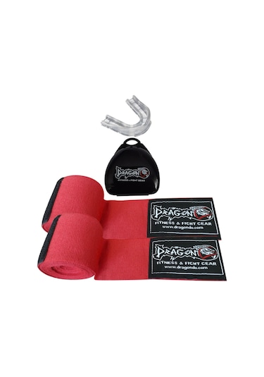 Dragondo Boks Bandajı Elastik Bandaj Çift Ve Dişlik 2'li Set Kırmızı