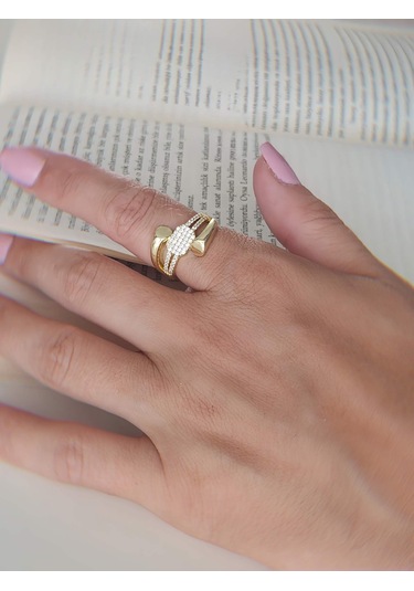 Üçlü Çapraz Zirkon Taşlı Model Ayarlanabilir Gold Altın Renkli Yüzük Gold