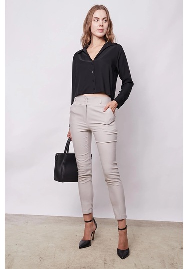 Kadın Likrasız Şık Kumaş Yakalı Uzun Kol Kısa Gömlek-siyah Siyah