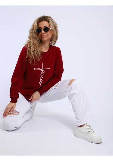 Bakr Textil Baskılı, İçsiz, Kapüşonsuz Oversize Sweatshirt 446720688 Bordo