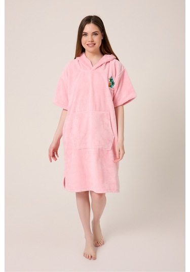 Palmiye Sörf Nakışlı Yetişkin Sörf Yazlık Panço Kapüşonlu Plaj Havlusu Pudra Pudra