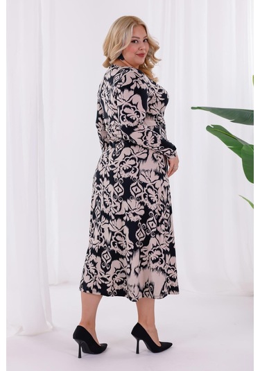 Kadın Siyah Bej Etnik Desen Kruvaze Yaka Büyük Beden Esnek Maxi Elbise Siyah - Sarı