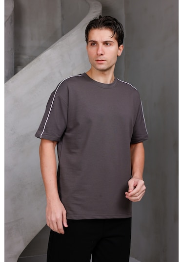 Erkek Şeritli Oversize Bisiklet Yaka 2 İki İplik Kompakt T-shirt Kahverengi