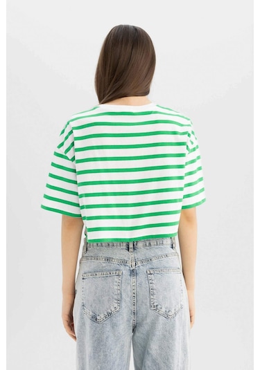 Defacto Coool Fitted Çizgili Kısa Kollu Tişört A9046AX24SMGN689 Yeşil
