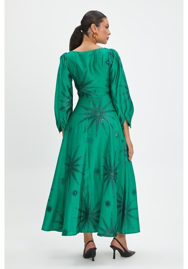 Parlak Yıldız Desenli Elbise - Zamansız Tasarım Ve Şık Detaylar Yeşil