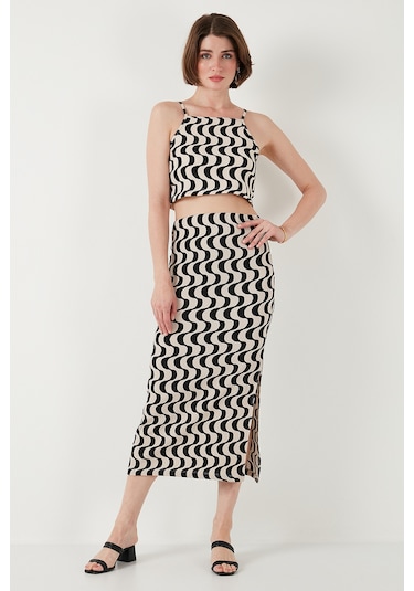 Lela Slim Fit Ip Askılı Yırtmaçlı Bayan Takım 5865278 Siyah-Beyaz
