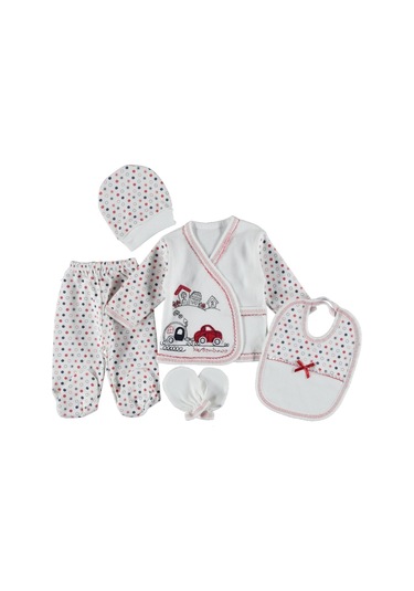 0-3 Aylık 5 Li Arabalı Zıbın Seti Hastane Çıkış Seti %100 Pamuklu Kutusuz Kırmızı