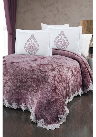 The Home Collection Mürdüm Larissa Fransız Güpürlü Battaniye Seti Mürdüm
