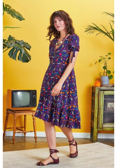 Ön Yırtmaçlı Çiçek Desenli Bohem Elbise 001