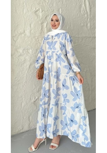 Modal Kumaş Çiçekli Düğmeli Elbise - Mavi Mavi
