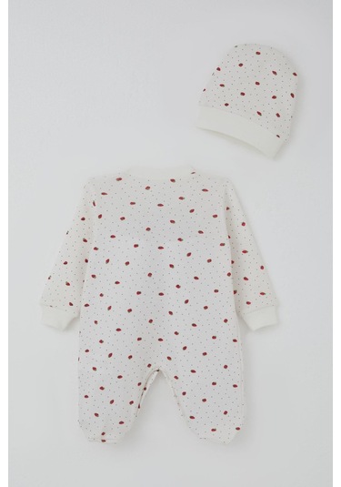 Breeze Kız Bebek Patikli Tulum Çilek Desenli 0-6 Ay, Ekru
