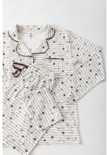 Uzun Kol Gömlek Yaka Kadın Pinterest Pijama Takımı - Mevsimlik Kadın Pijama- Geniş Beden Aralığı Kahve