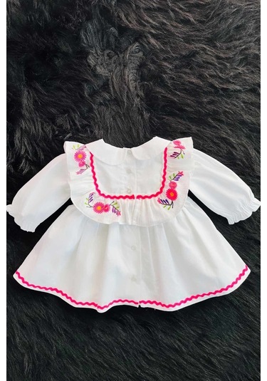 Nakış Ve Su Taşı Detaylı Beyaz Poplin Pamuklu Kız Çocuk Bebek Mevlüt Elbise 001