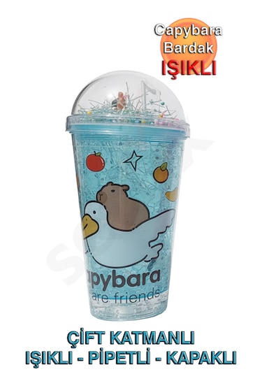 H2o Capybara Çift Cidarlı, Işıklı, Pipetli, Kapaklı Bardak Mavi