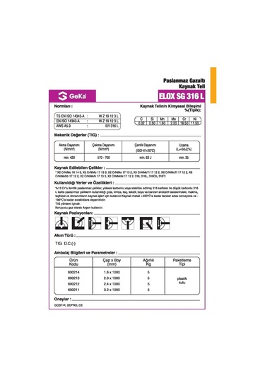 Geka Elox SG 316 L Tig Teli 1.6 x 1000 MM