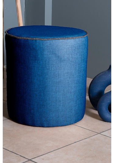 VALERİA MAVİ KETEN KUMAŞ YUVARLAK PUFF &BENCH&KOLTUK&TABURE&POFUDUKYATAK ODASI PUF MODELLERİ
