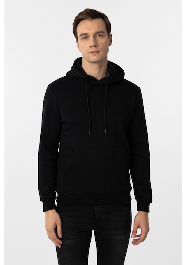 Süvari Siyah Regular Düz Kapüşonlu Yaka Sweatshirt