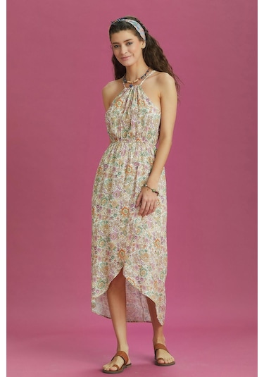 Önü Kısa Arkası Uzun Çiçek Desenli Anvelop Elbise 001