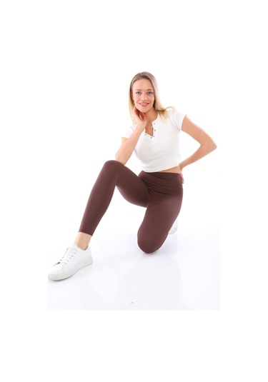 Kadın Kahve Renk Fitilli Yüksek Bel Tayt Kahve