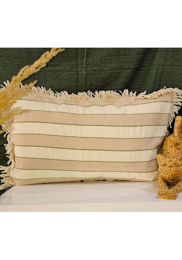 Keten Bohem Püsküllü Vintage 2'li Dikdörtgen Kırlent Kılıfı